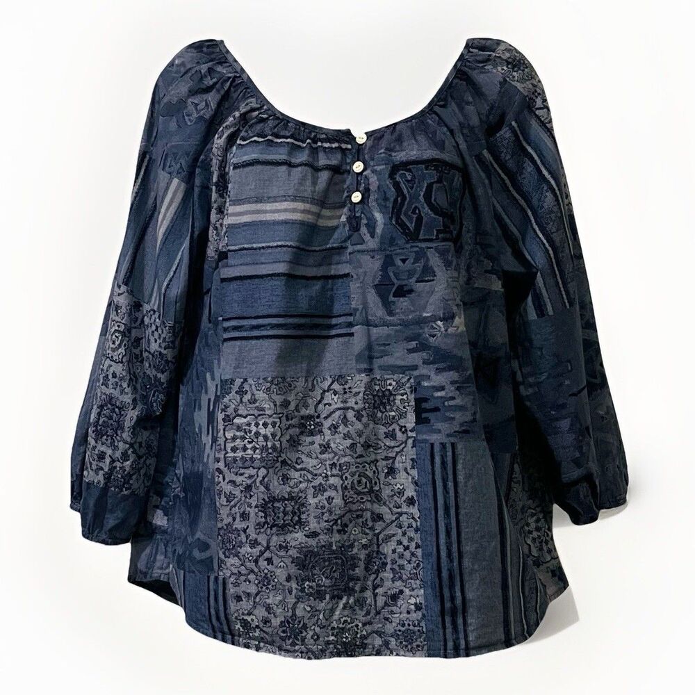 LRL Ralph Lauren Jeans Co Patchwork Floral Print Boho Top Womens M Blue Cottage